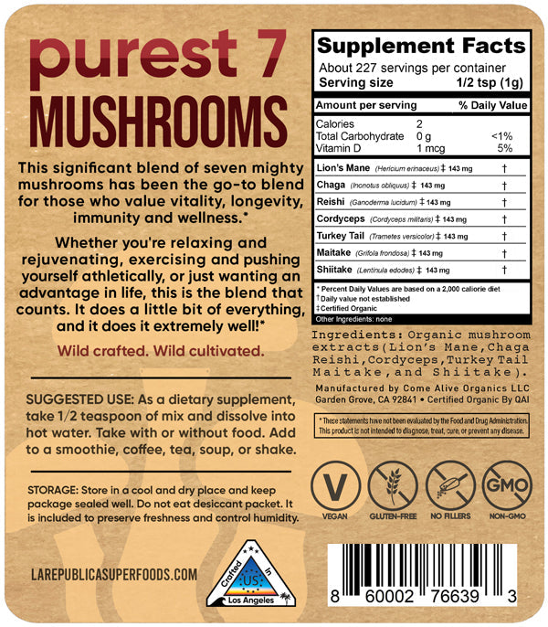 La Republica Purest 7 Mushrooms Extract Powder Blend 8 oz