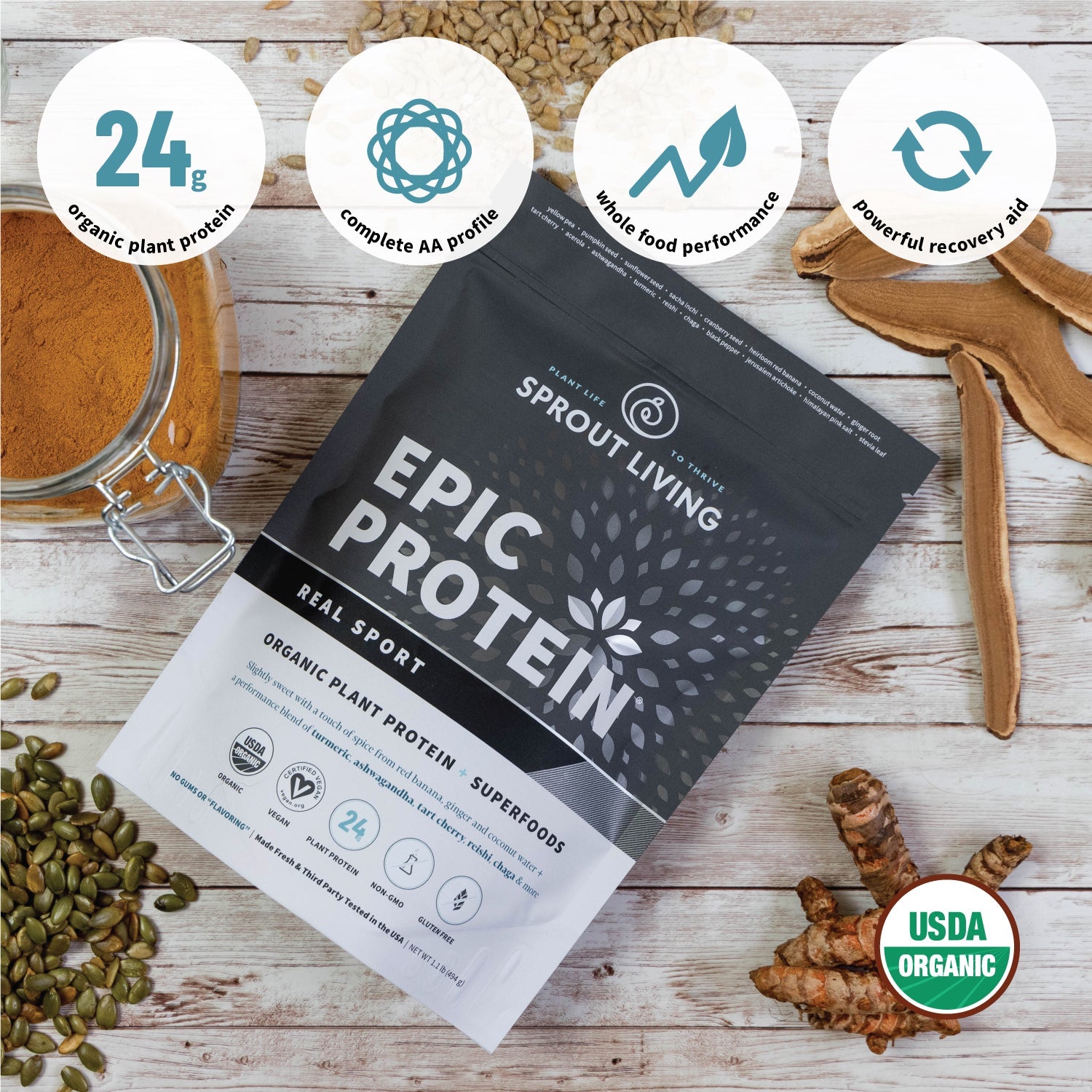 Sprout Living Epic Protein, Real Sport, 494g